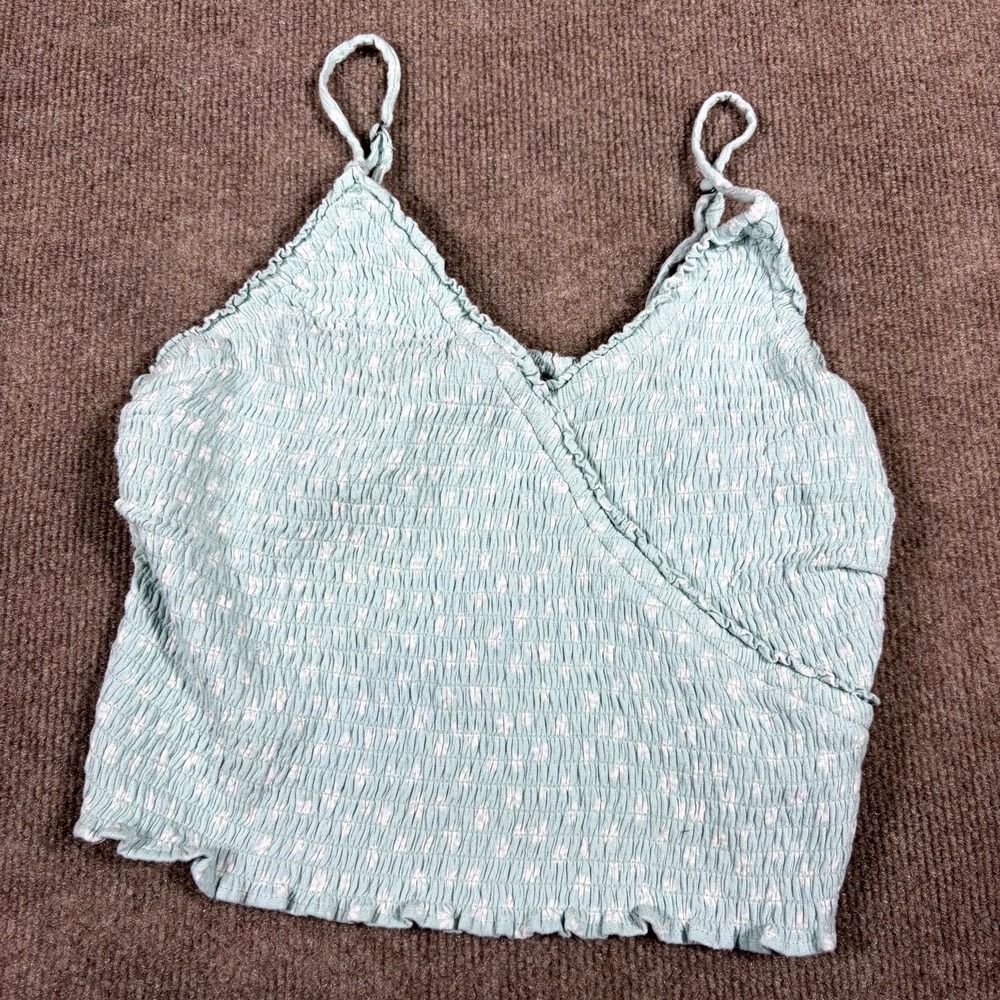 Hollister Wrap Crop Top Womens Medium Sage Green Floral Smocked Spaghetti Strap